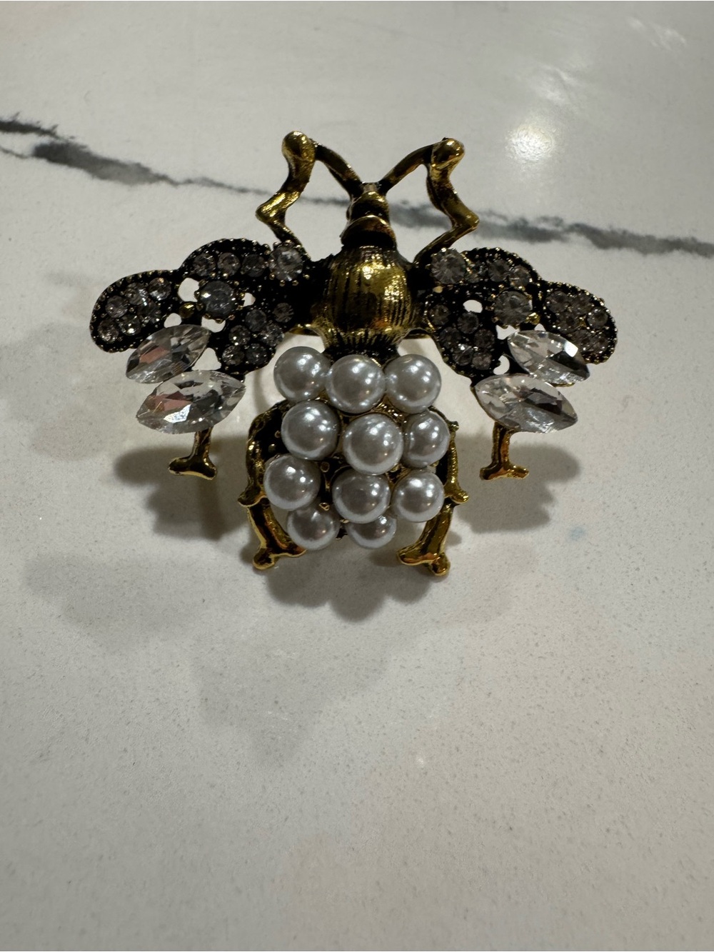 Bee ring with Pearls and Crystals - Gold Tone